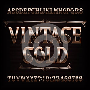 Vintage Gold alphabet font. Fancy ornate golden letters on and numbers.