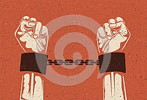 Man hands in strained steel handcuffs. Imprisoned hands in chains. Prisoners hands. Vintage styled vector illustration. photo