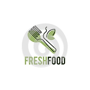 Fresh food logo with a line forming a fork and a spoon shape accompanying it. photo