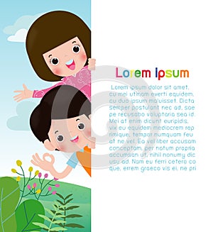 Happy children holding blank signs poster. Template for advertising brochure. Ready for your message. Space for text. cartoon kids