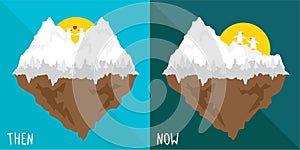 Vector cartoon then and now about effect  global warming. ice snow heart mountain melt and broken.