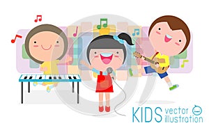 Cute kids and music, children playing musical instruments  vector illustration isolated on white background.