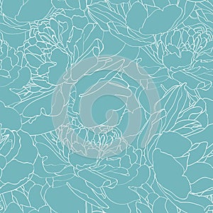 Hand drawn sketch illustration of tulips flowers seamless pattern. Floral blue line background,