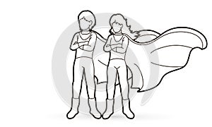 Super Hero Man and Woman standing together with costume cartoon graphic
