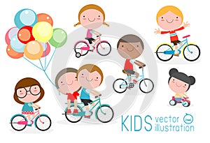 Happy kids on bicycles, Child riding bike,Kids riding bikes, Child riding bike, kids on bicycle vector on white background