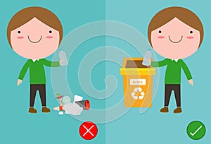 Do not throw littering butts on the floor,wrong and right, male character that tells you the correct behavior to recycle.vector