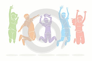Group of children jumping, Happy Feel good cartoon graphic