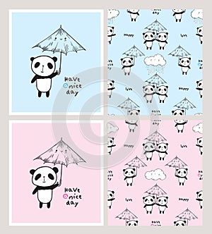 Have a nice day. Set of cards and seamless patterns with cute pandas