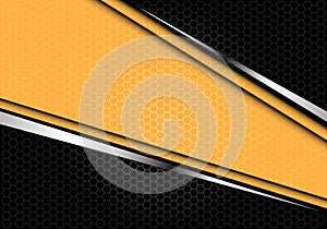 Abstract yellow silver line banner on black hexagon mesh pattern design modern futuristic background vector