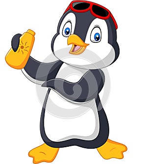 Cartoon penguin holding a sunblock bottle lotion cream photo