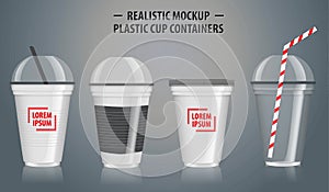 Set of mock up realistic plastic cup containers, with clear in disposable cups.