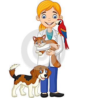 Cartoon female veterinarian examining pets photo