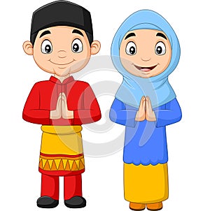 Happy Muslim kids cartoon on white background photo