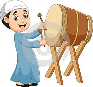 Cartoon Muslim boy hitting Bedug