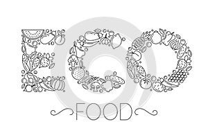 Eco food concept. Set of different fruit and vegetables icons on white background.