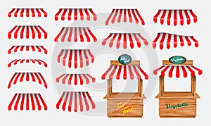 Set of awing with wooden market stand stall and various kiosk, with red and white striped awning isolated. photo