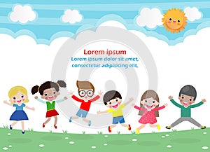Kids jumping on the park, children jump with joy, happy cartoon child playing on the playground, isolated background Template photo