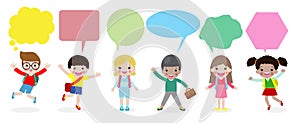 Cute kids with speech bubbles, Set of diverse children and Different nationalities with speech bubbles isolated on white backgroun