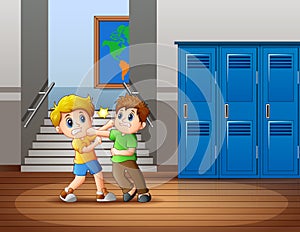 Illustration Cartoon of two boys fighting at the school