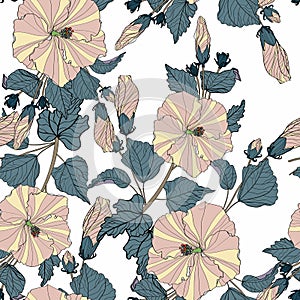 Flower pattern. Large flowers of hibiscus, various plants, leaves, buds form continuous lines.