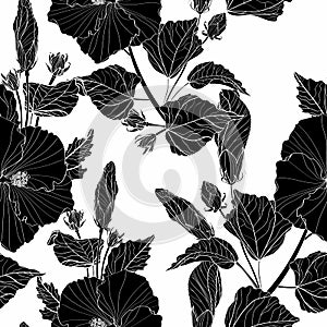 Black hibiscus - flowers and buds. Seamless white background pattern. Wallpaper.