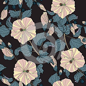 Flower pattern. Large flowers of hibiscus, various plants, leaves, buds form continuous lines.