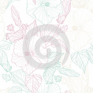 Tropical seamless pattern with mint, beige, pink line exotic plants
