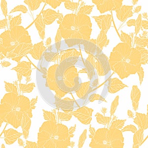 Floral seamless pattern. Hibiscus flowers, buds, various plants, foliage, line yellow branches.