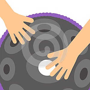Handpan, hang drum, musical instrument on a white background. Hands and game.