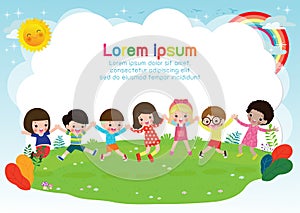 Group of happy kids playing together, Children Holding hands and jumping on a meadow. summertime Template for advertising brochure