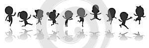 Big Group of black children silhouette playing jumping, kids silhouettes dancing, child silhouettes jumping on white background