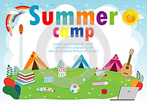 Kids summer camp education Template for advertising brochure, children doing activities on camping, summer camp kids poster flyer