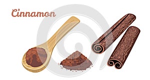 Cinnamon set. Spicy spice in wooden spoon, powder and cinnamon sticks