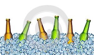Beer bottles on ice. Realistic Vector Illustration.