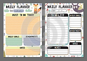 Daily planners collection. To do list set with a cute owl and fox