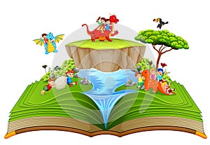 The green storybook of the children playing with the dragon near the river photo