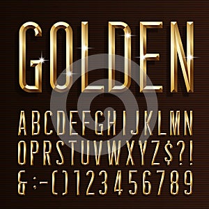 Gold alphabet narrow font. 3d beveled gold effect letters, numbers and symbols. photo