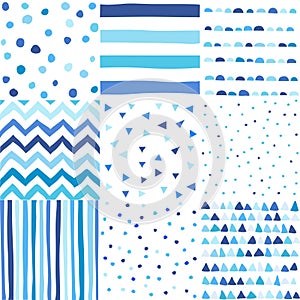 Seamless pattern in doodle style. Hand drawn baby boy blue color pattern set