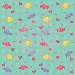 Colorful Wrapped Candy with Pink Hearts and Polka Dot Green Background Seamless Pattern