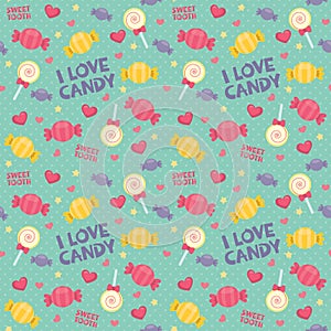 I Love Candy Lolly Pop Mint Green Seamless Pattern Polka Dot Flat Vector Illustration