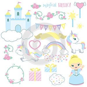 Cute Fairy Tale Castle Princess Unicorn Birthday Design Elements Set Vector Illustration Isolated on White