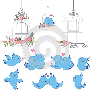 Cute Little Blue Parrots Love Birds Set with Vintage Cages and Flowers Valentines Day Wedding Design Elements Flat Color Vector