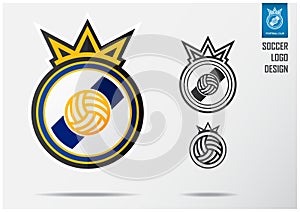 Soccer logo or Football Badge template design for football team. Sport emblem design of Golden crown and blue stripe on shield.