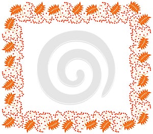 Rectangular autumn frame of berries, branches and red-orange leaves of mountain ash on a white background.