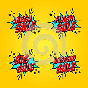 Set of Four, Creative vector Design in comic style for Flash Sale, Weekend Sale, Mega Sale or Big Sale photo