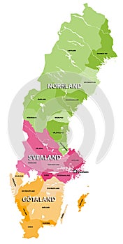 The lands of Sweden vector map. Three traditional parts of Sweden each consisting provinces photo