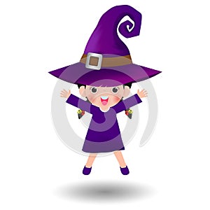 Happy Halloween. Cute little witch. Girl kid in Halloween costume isolated on white background. Kid Costume Party Vector illustrat