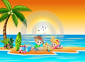 Cute boy and girl cartoon making sandcastle at the beach