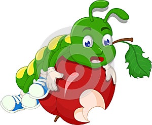 Funny Green Caterpillar And Red Apple Cartoon