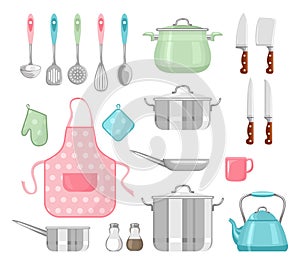 Set of kitchen utensils. Cooking Tools in cartoon simple flat style. photo